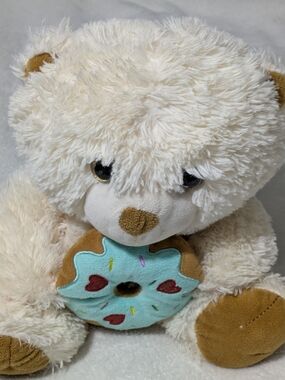 Cream Teddy Bear Holding Donut Plush 12" Hearts Sprinkles Stuffed Animal Novelty